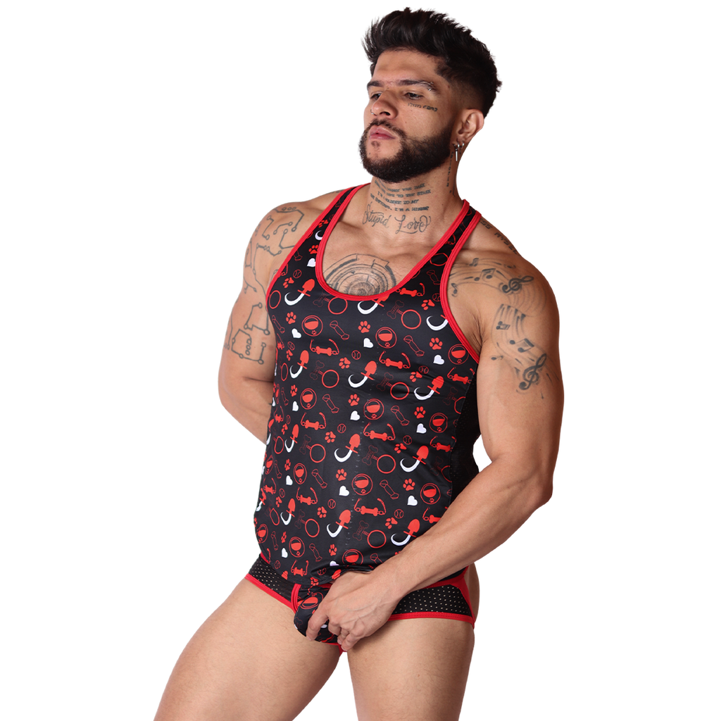 Gigo red dog-pattern tank top, side view, black soft polyester fabric with red trim and playful paw-print motif.