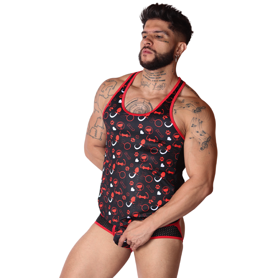 Gigo red dog-pattern tank top, side view, black soft polyester fabric with red trim and playful paw-print motif.