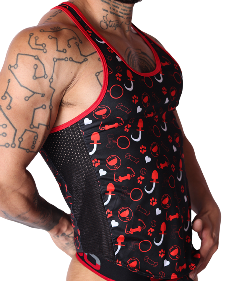 Gigo red and black dog-themed tank top, side view, showing printed fabric and mesh side panel detail.