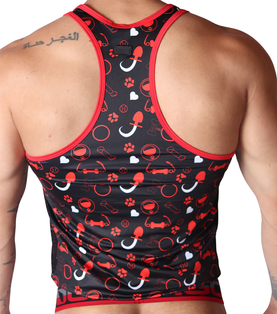 Back view of Gigo red and black dog-themed racerback tank top featuring paw and toy print with red trim.