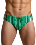 Bow Swim Brief | Decoded Stripe Green | Bold Print, Low-Rise Cut