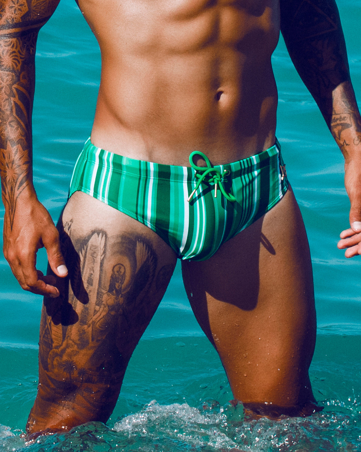 Bow Swim Brief | Decoded Stripe Green | Bold Print, Low-Rise Cut