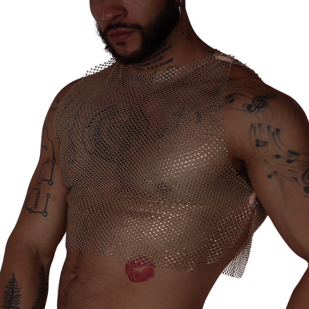 Front view of Gigo beige diamond-pattern mesh crop top made from lightweight metallic fabric.
