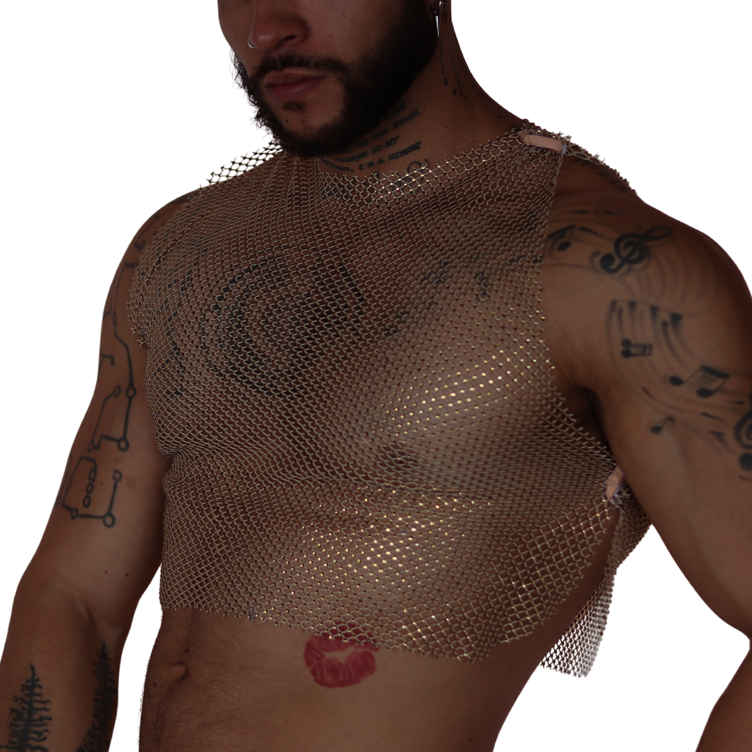Front view of Gigo beige diamond-pattern mesh crop top made from lightweight metallic fabric.