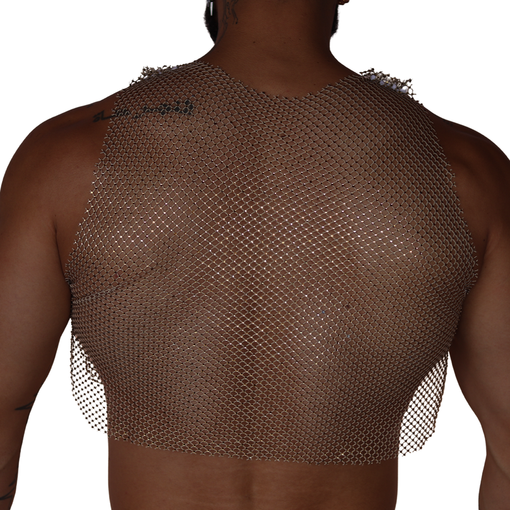 Back view of Gigo Diamond beige mesh crop top featuring a sparkling crystal-like finish on a sleeveless frame.