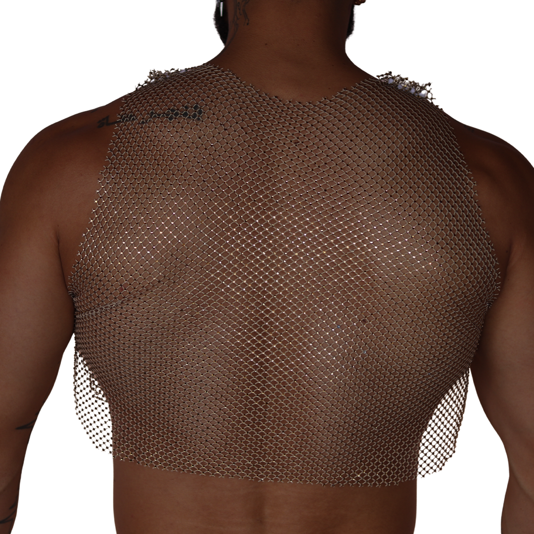 Back view of Gigo Diamond beige mesh crop top featuring a sparkling crystal-like finish on a sleeveless frame.