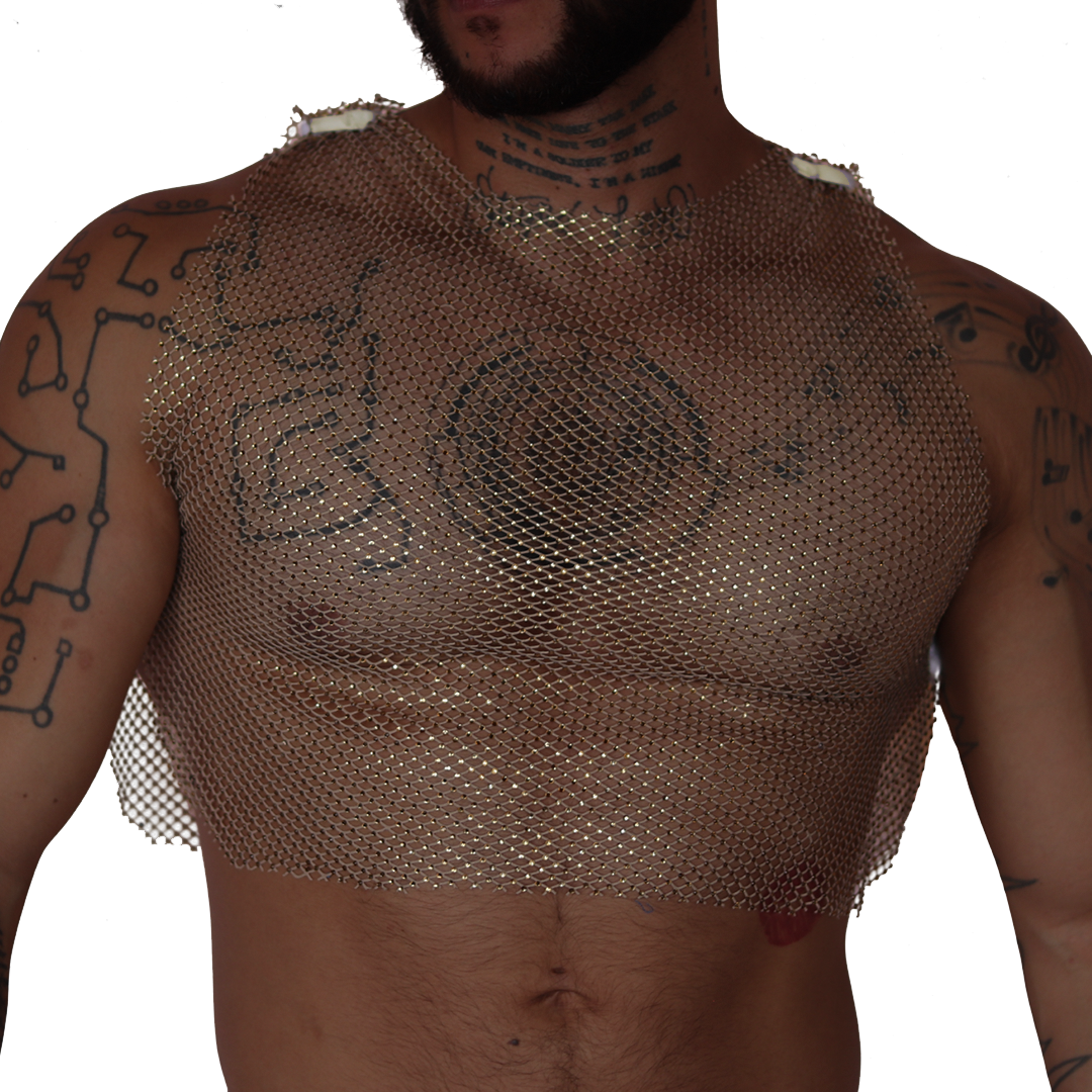 Front view of Gigo Diamond beige mesh chainmail crop top with a metallic finish worn by a tattooed model.