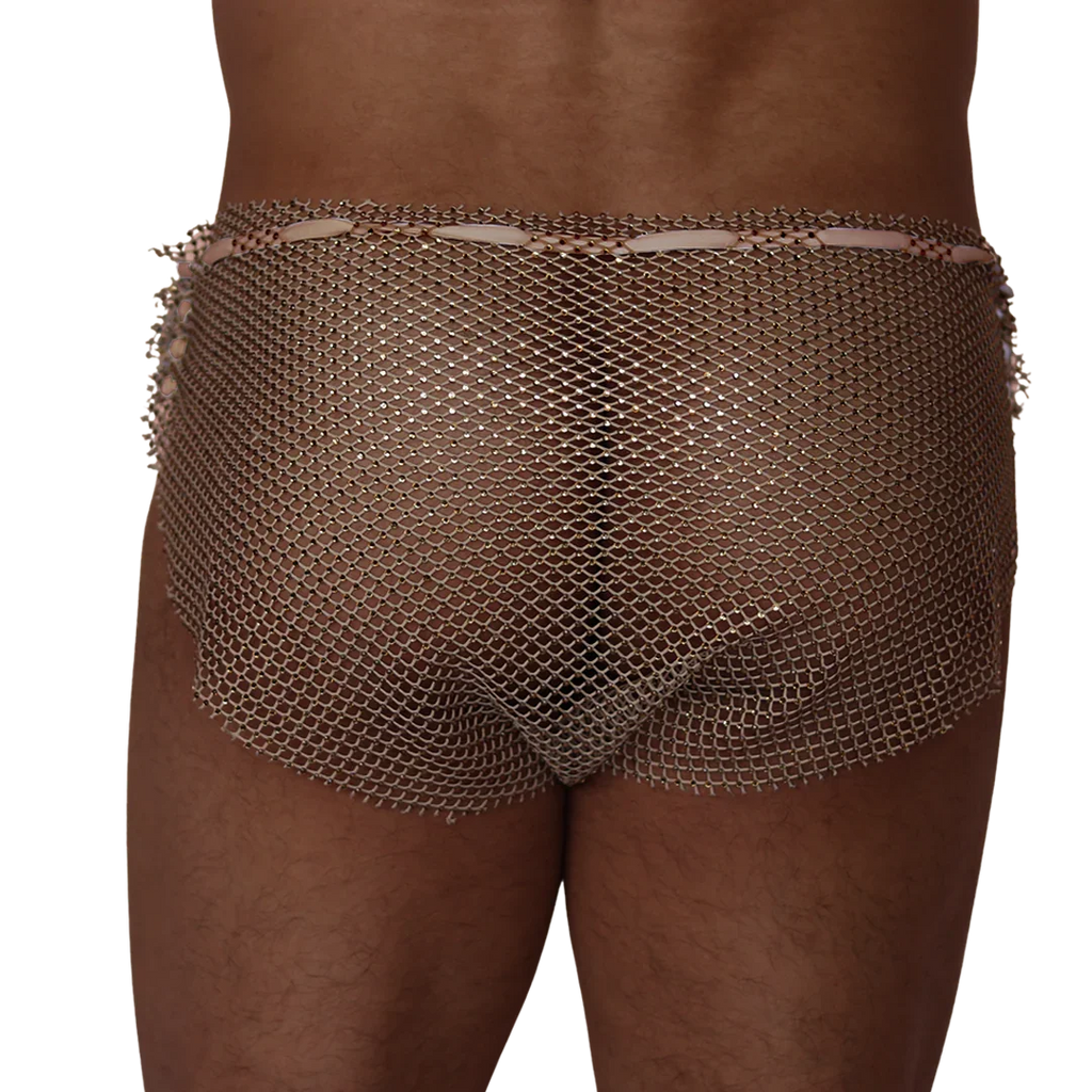 Back view of Gigo beige diamond chainmail hot shorts with rhinestone detailing on a male model.