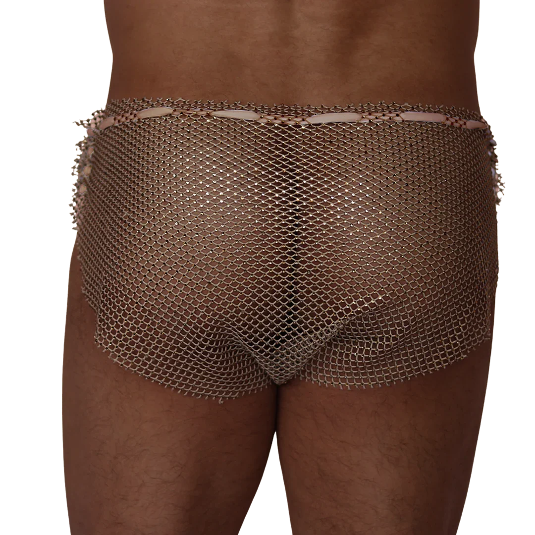 Back view of Gigo beige diamond chainmail hot shorts with rhinestone detailing on a male model.