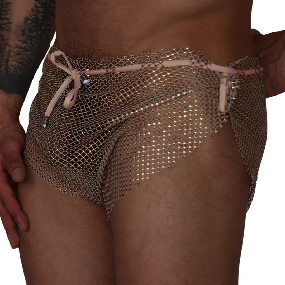 Front view: Gigo beige diamond-patterned mesh hot shorts with a drawstring waist and metallic finish.