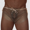 Front view of Gigo diamond beige mesh hot shorts with a drawstring waist and metallic finish.