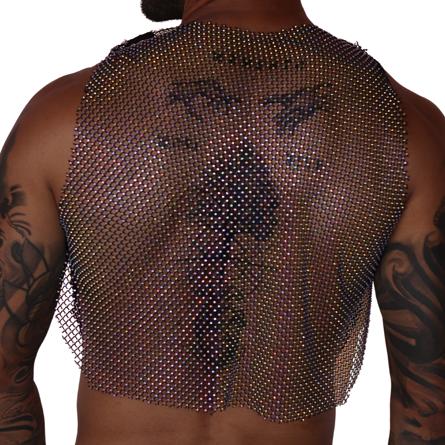 Back view of Gigo diamond black mesh crop top, a shimmering iridescent chainmail-style fabric worn on a tattooed model.