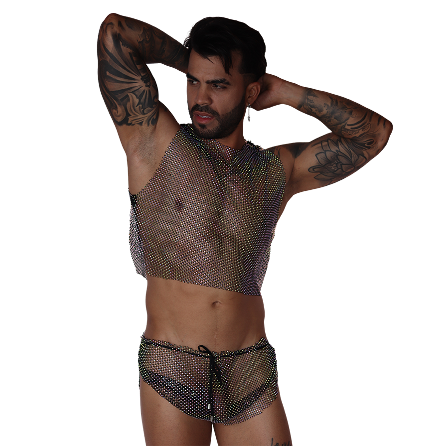 Front view of Gigo Diamond black rhinestone mesh crop top and matching shorts on a tattooed man.