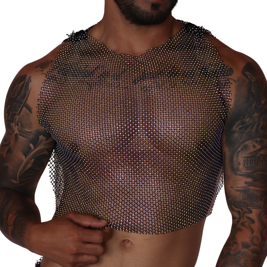 Front view of Gigo black diamond mesh crop top with shimmering rhinestone detailing on a tattooed man.