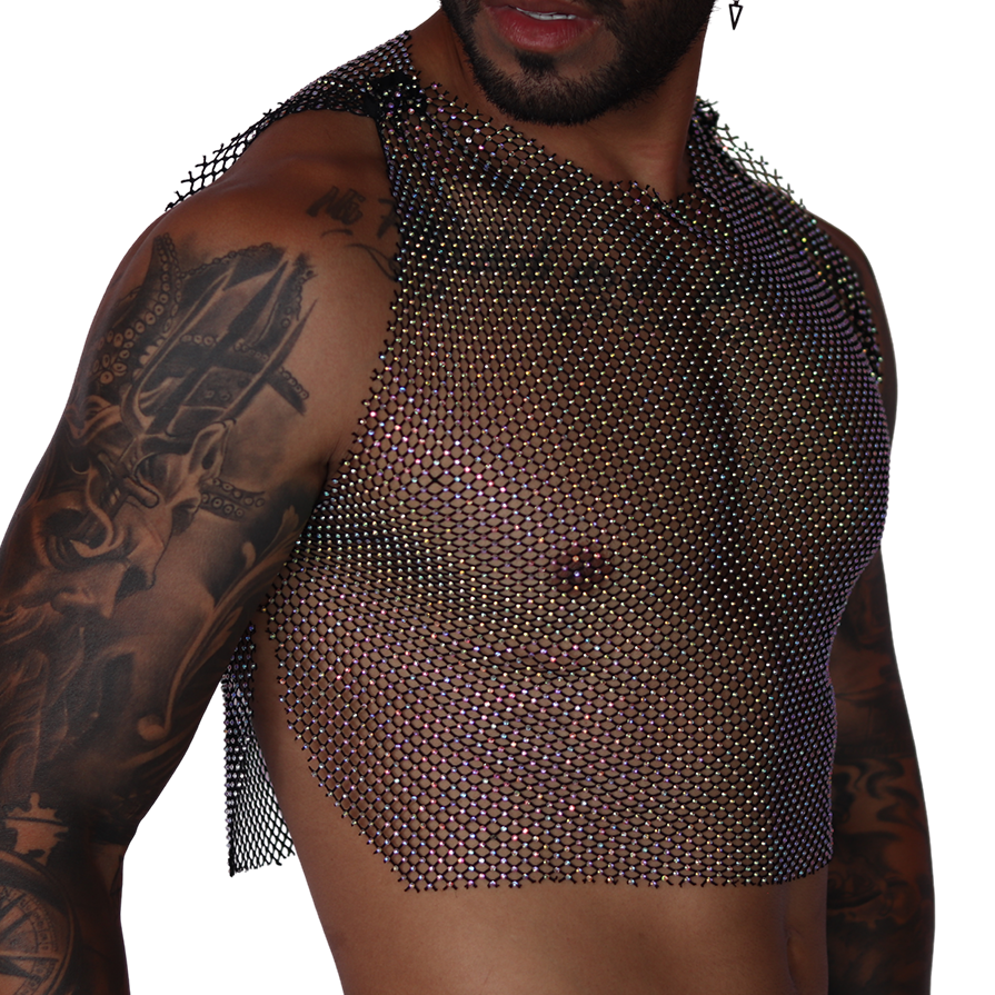 Gigo side-view of a black diamond mesh crop top with iridescent crystal-like detailing on a tattooed model.