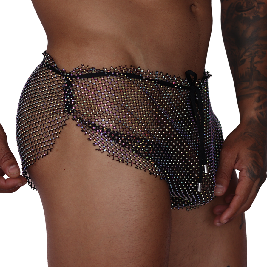 Side view of Gigo Diamond black rhinestone fishnet hot shorts with an adjustable drawstring waist.
