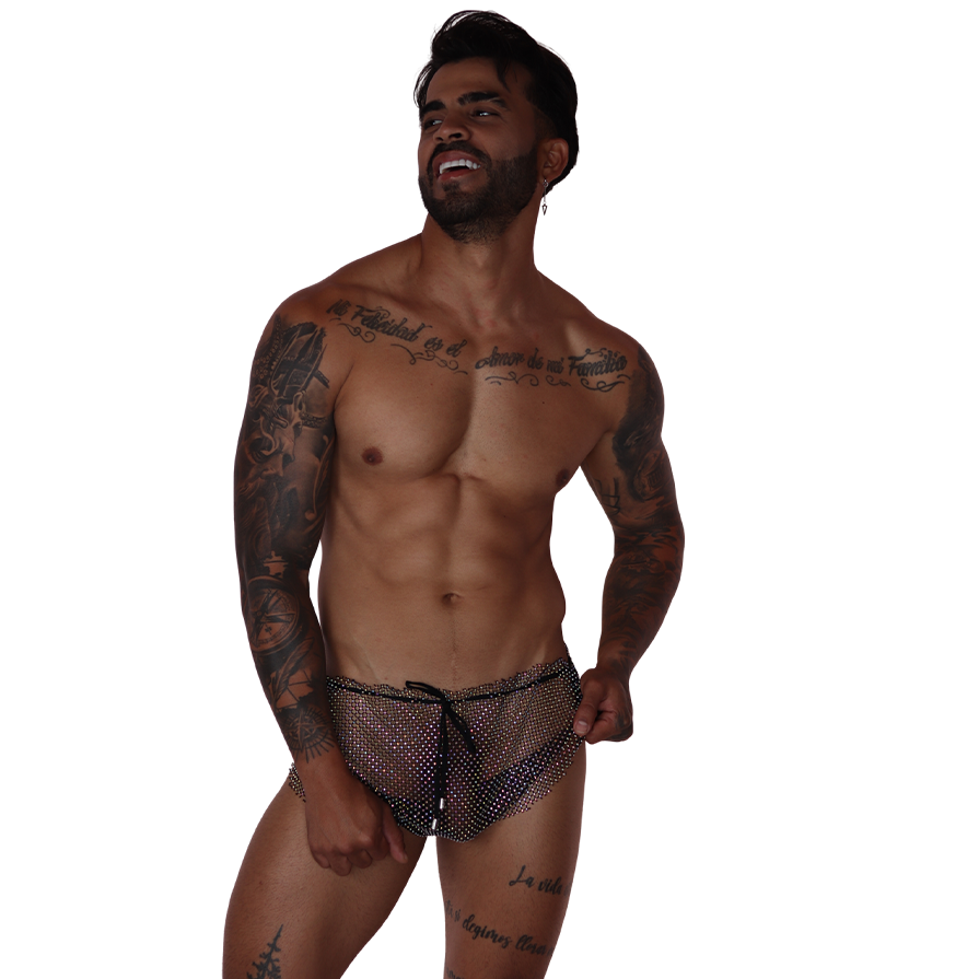 Front view of Gigo Diamond black mesh hot shorts with drawstring, featuring glittering rhinestone detailing.