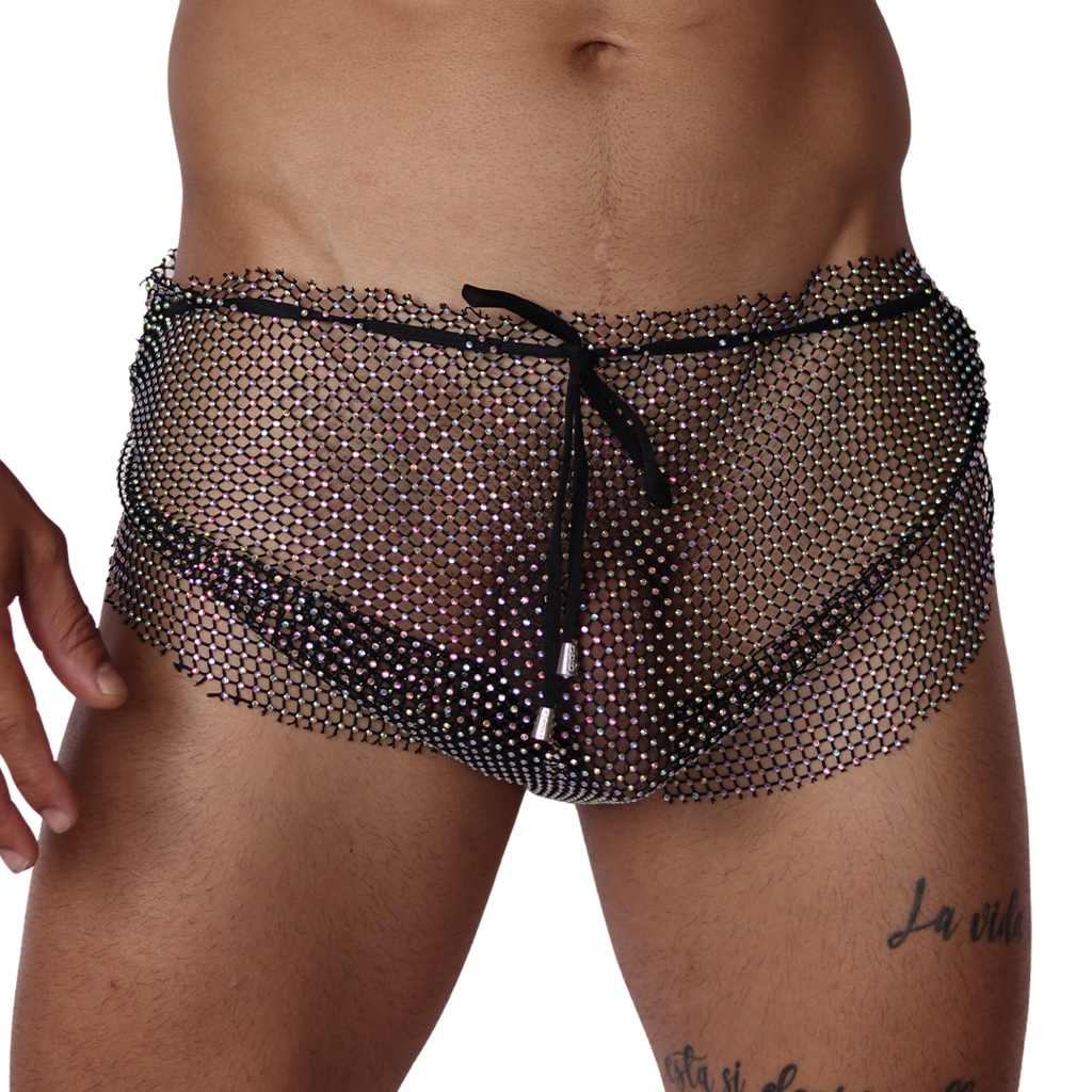 Front view of Gigo black diamond mesh hot shorts with drawstring and sparkly rhinestones.
