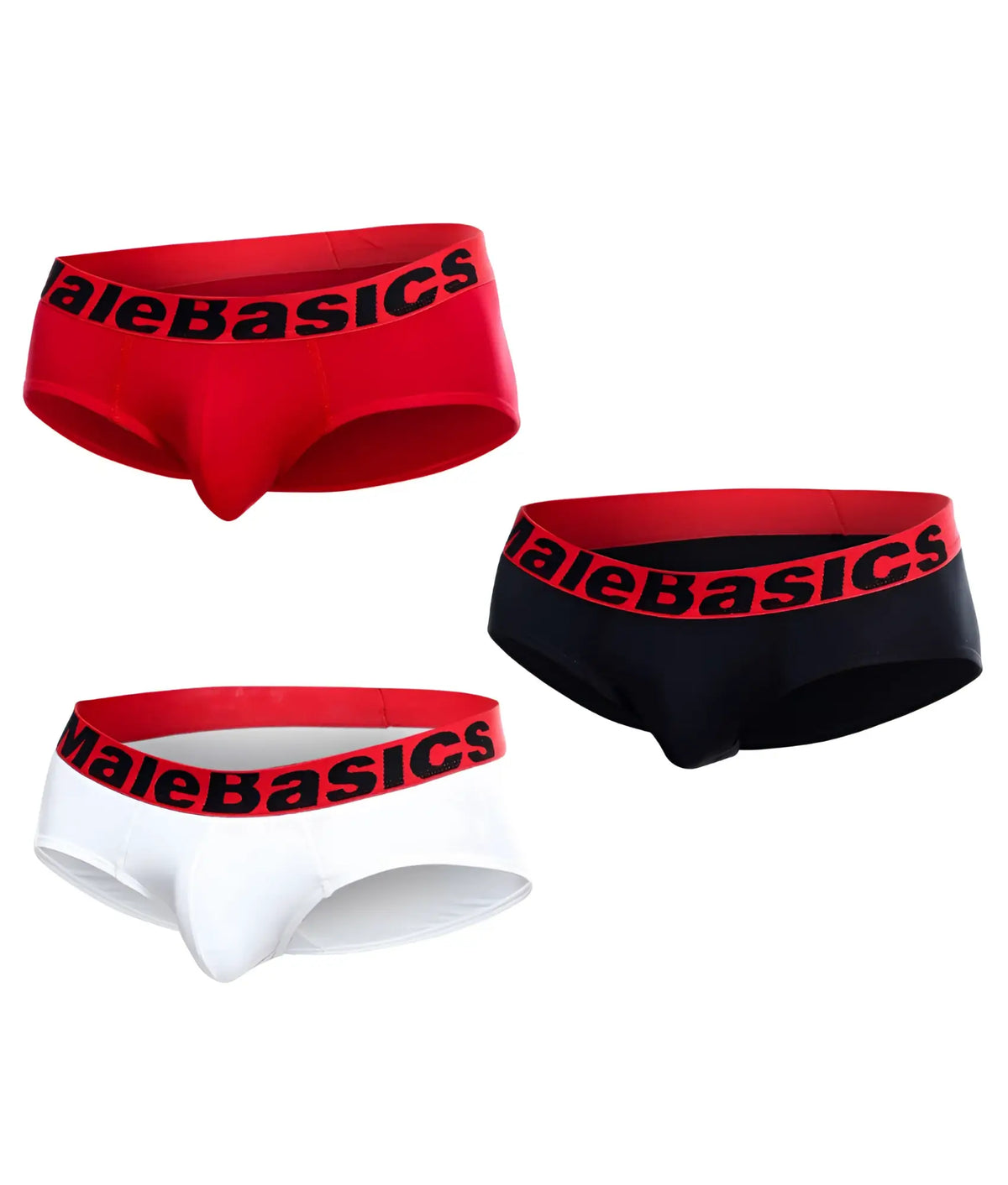 Malebasics 3 pack briefs in red black and white with contrasting elastic waistbands featuring bold brand name