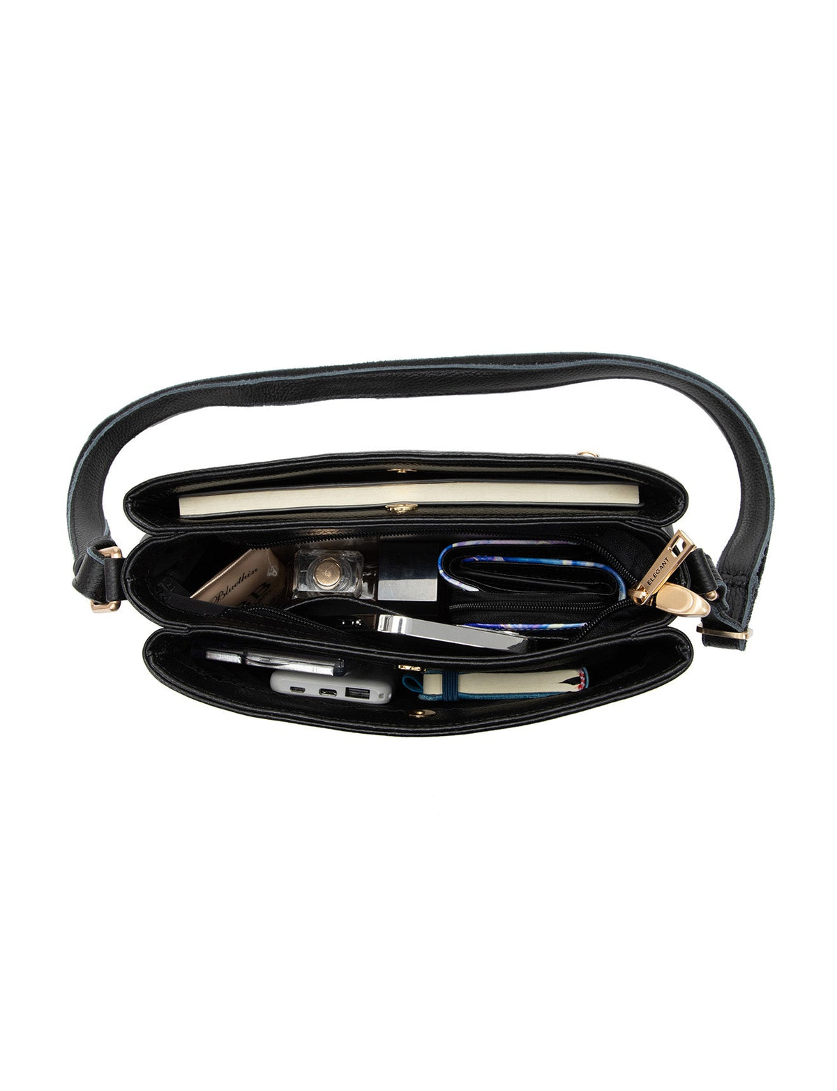 HUNTER TRIPLE COMPARTMENT LEATHER XBODY BAG- E1-0837-BLK