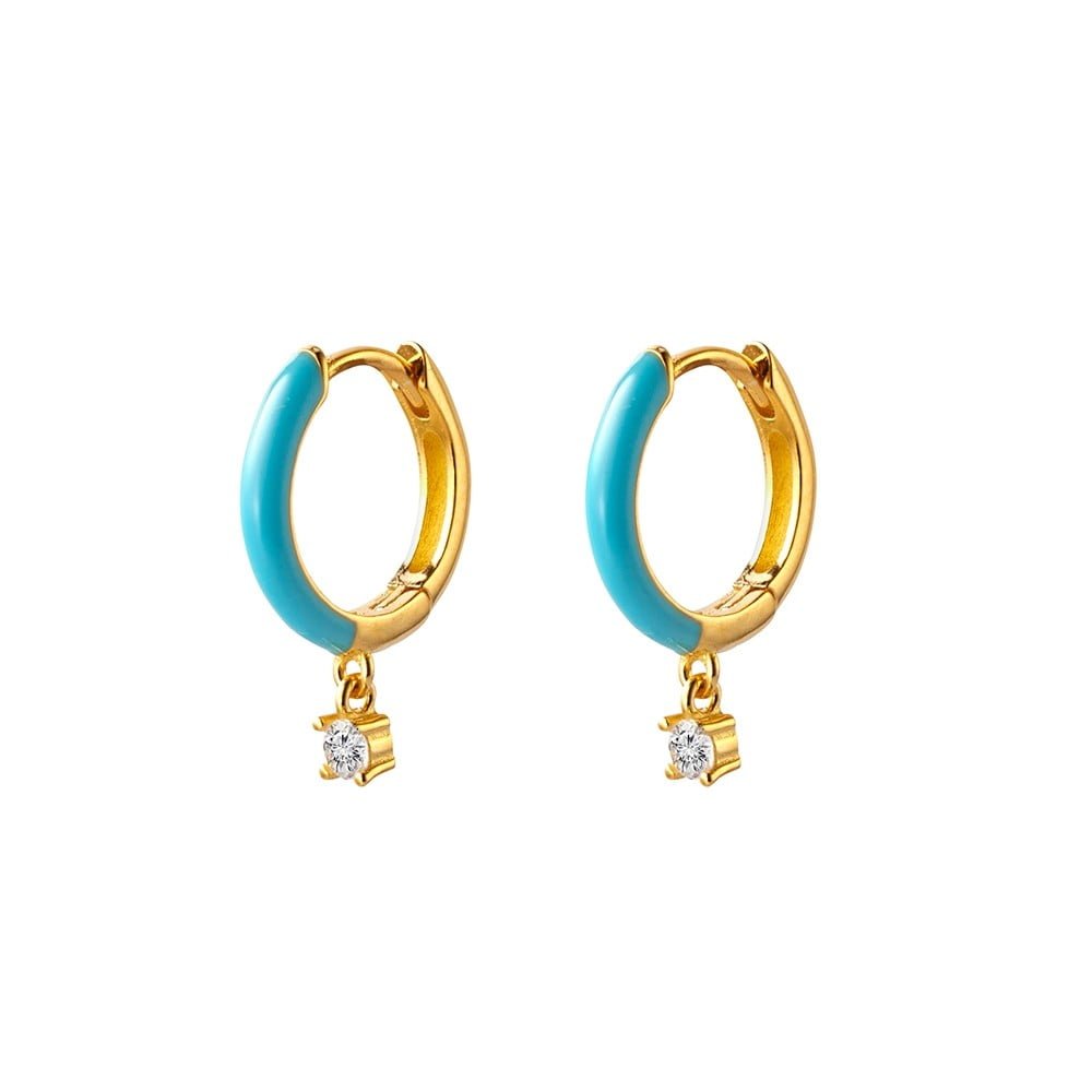 Sterling Silver Gold-Plated Hoop Earrings with Blue Enamel & CZ
