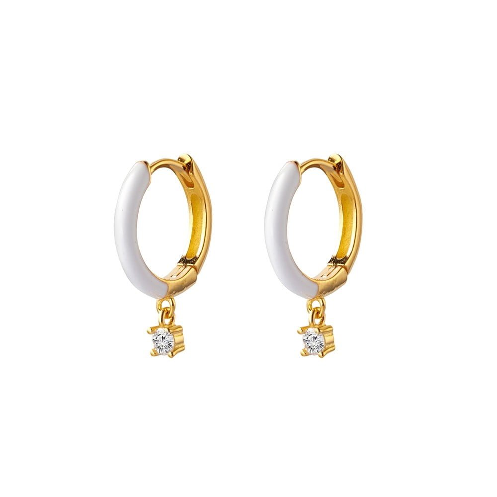 Sterling Silver Gold-Plated Hoop Earrings with White Enamel & CZ
