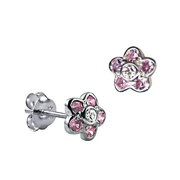 Pink Flower Studs — 925 Sterling Silver & Pink Cubic Zirconia