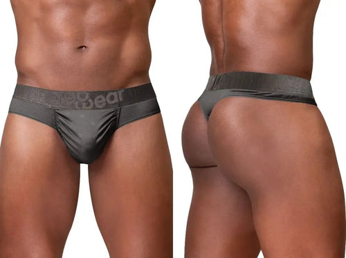 Front and rear views of a model wearing dark gray thong underwear.