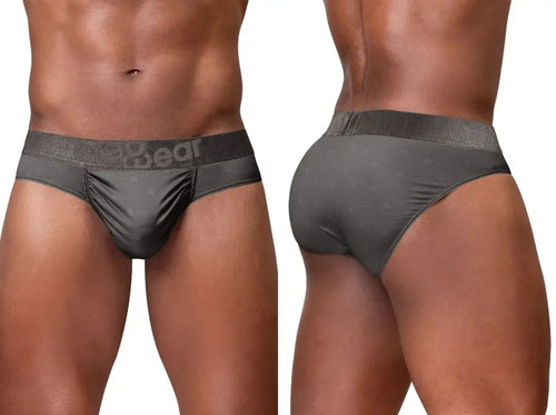 Front and rear views of a model wearing dark gray briefs.
