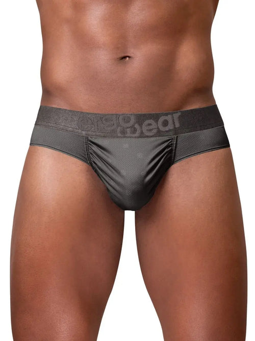 Front view of a model wearing dark gray underwear with a wide logo waistband.