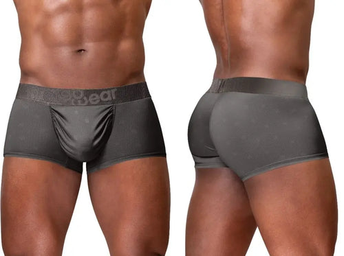 Front and rear views of a model wearing dark gray trunk underwear.