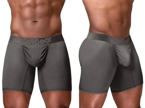 Front and angled views of a model wearing dark gray boxer briefs.