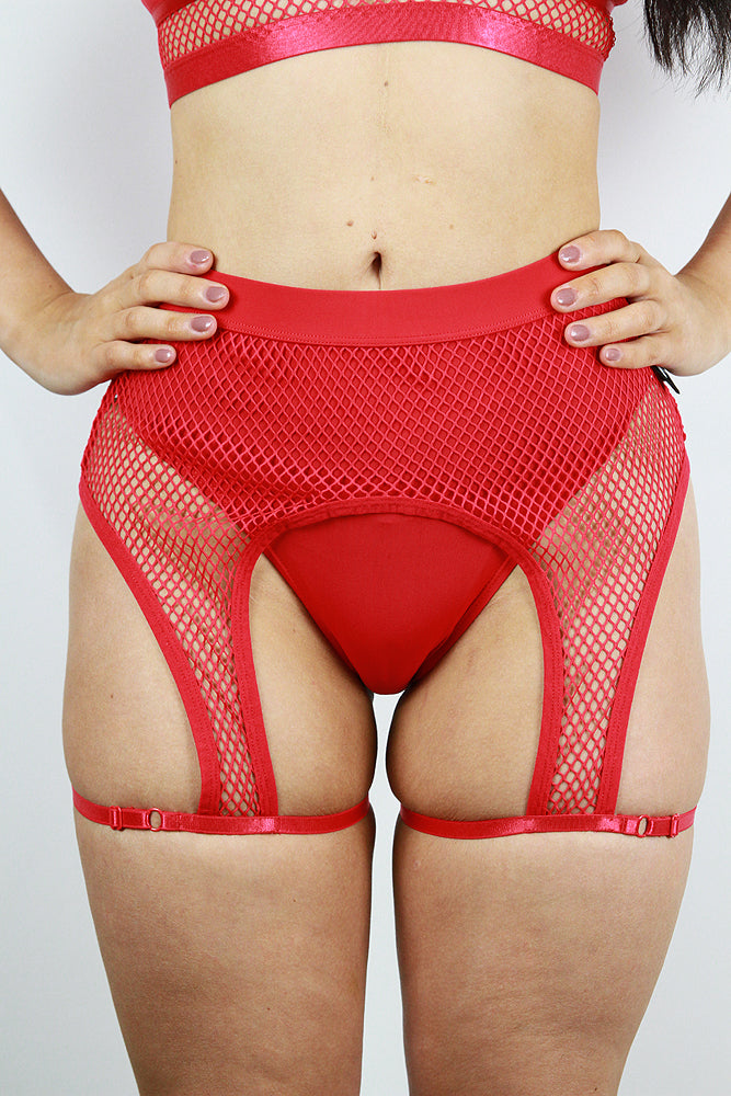 FELIX Mid Waist Open Mesh Garter Short RED | Pole Wear