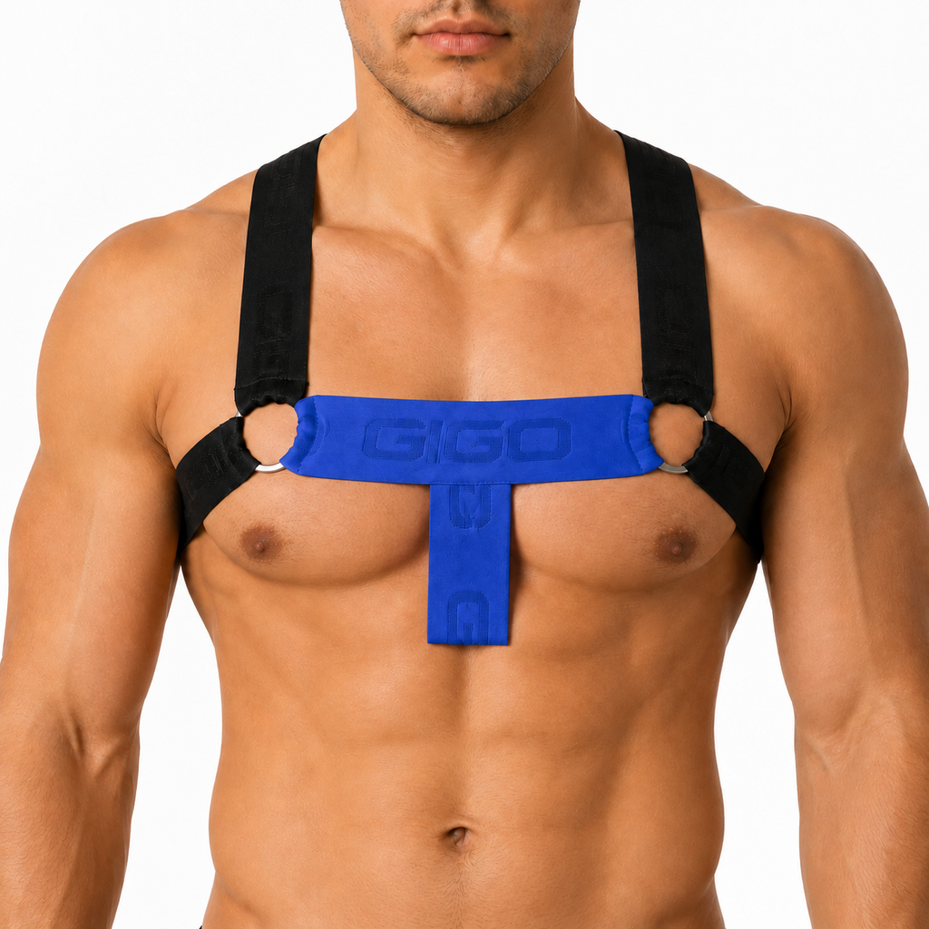 Gigo Flux blue harness with black elastic straps and metal rings, front view on a muscular male torso.