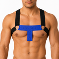 Gigo Flux blue harness with black elastic straps and metal rings, front view on a muscular male torso.