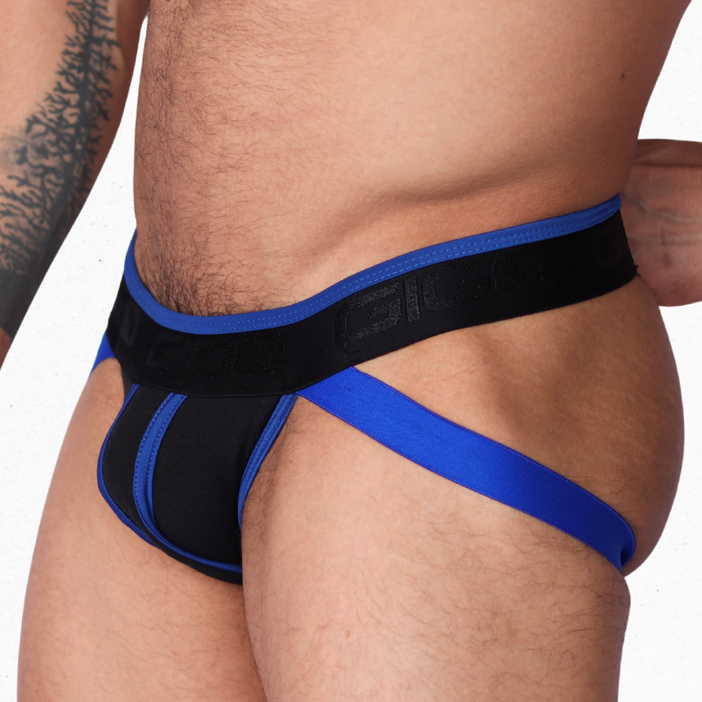 Side view of Gigo Flux blue and black fabric JOCKSTRAP with branded elastic waistband.