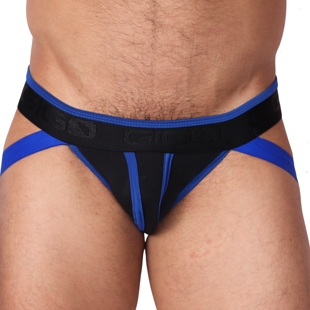 Front view of Gigo Flux blue and black jockstrap featuring soft fabric and branded elastic waistband.