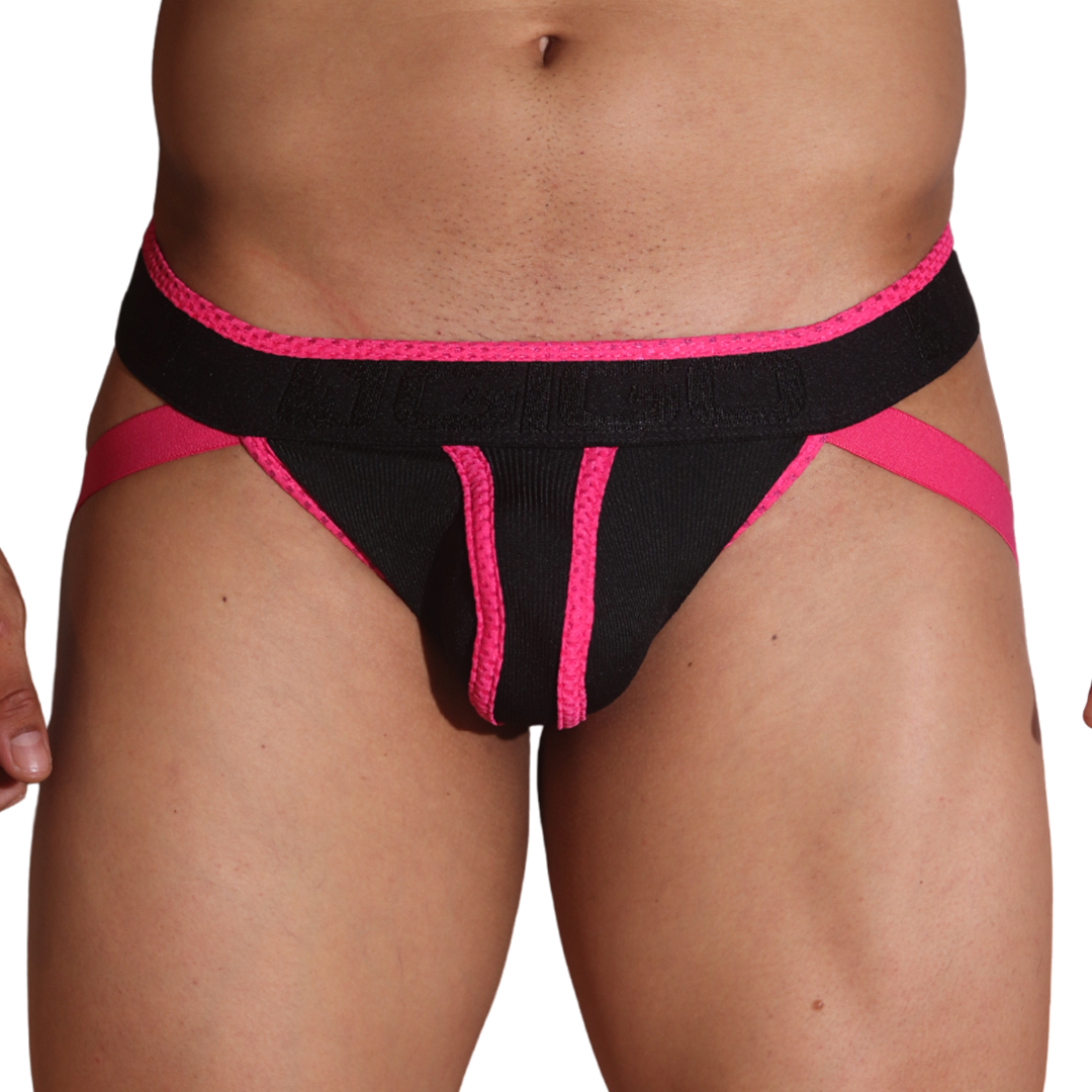 Front view of black and fuchsia Gigo Flux jockstrap in ribbed fabric with a thick branded waistband and pink trim.
