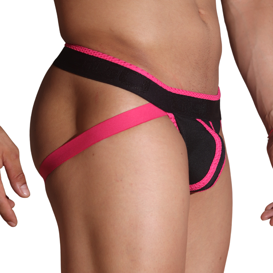 Side view of Gigo Flux fuchsia and black mesh jockstrap with elastic waistband and straps.