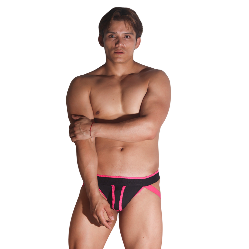 Front view of Gigo Flux fuchsia and black mesh jockstrap with elastic waistband and pink trim details.
