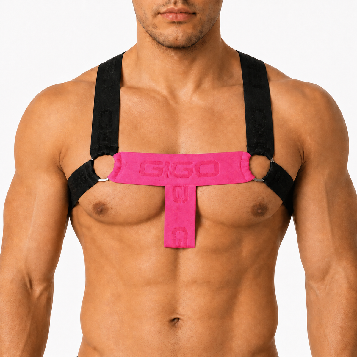 Front view: Gigo Flux harness featuring fuchsia fabric chest piece with logo and black elastic straps with metal rings.