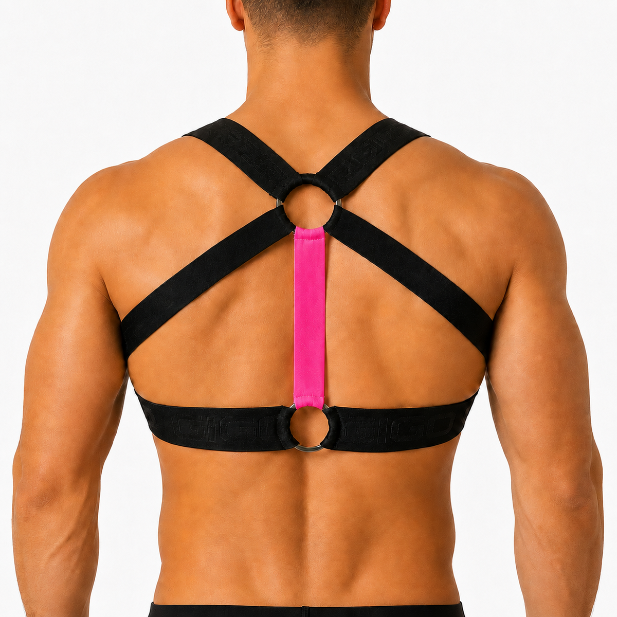 Back view of Gigo Flux fuchsia and black elastic harness with metal ring details.