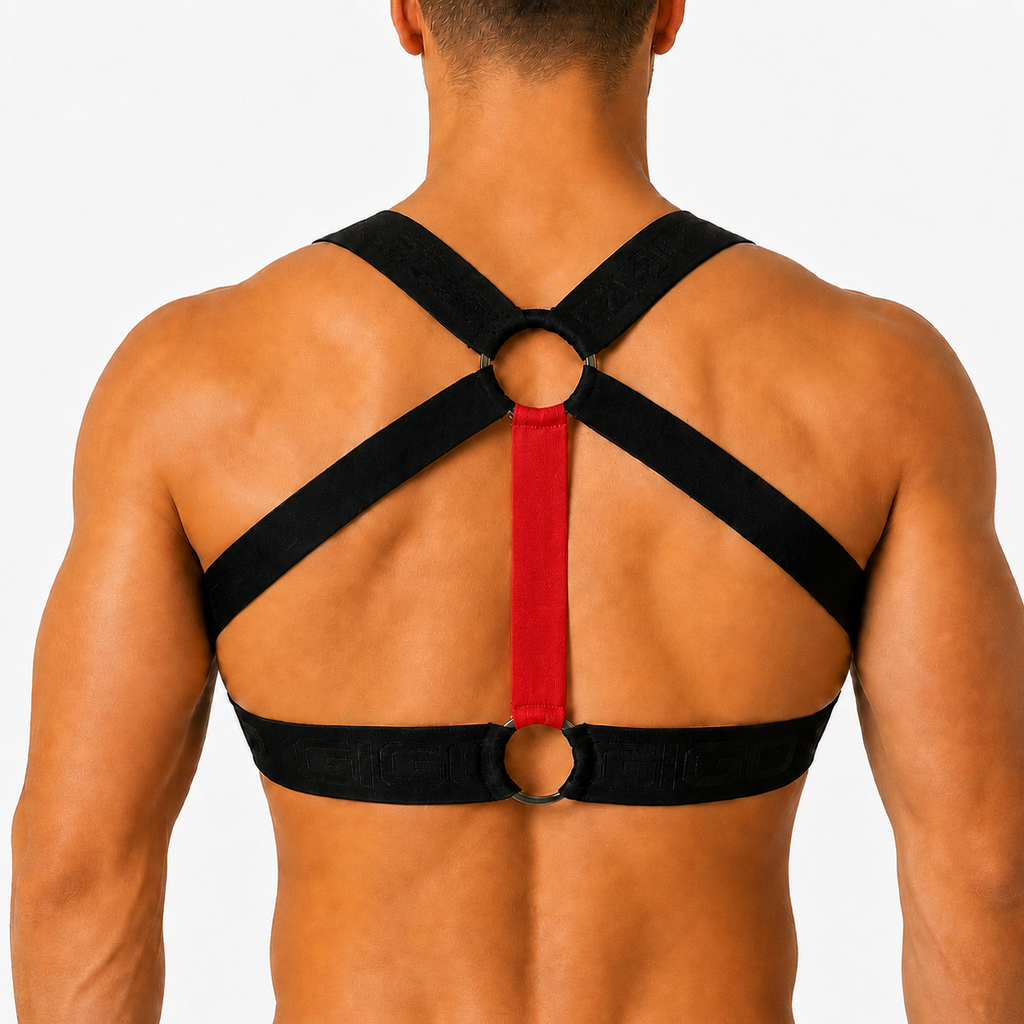 Back view of Gigo Flux red and black fabric harness with metallic O-ring details on a muscular man.