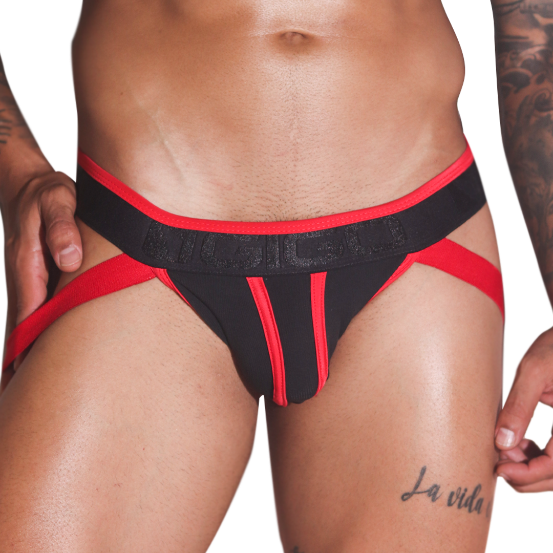 Front view of Gigo Flux red and black jockstrap with elastic waistband and detailed ribbed fabric pouch.