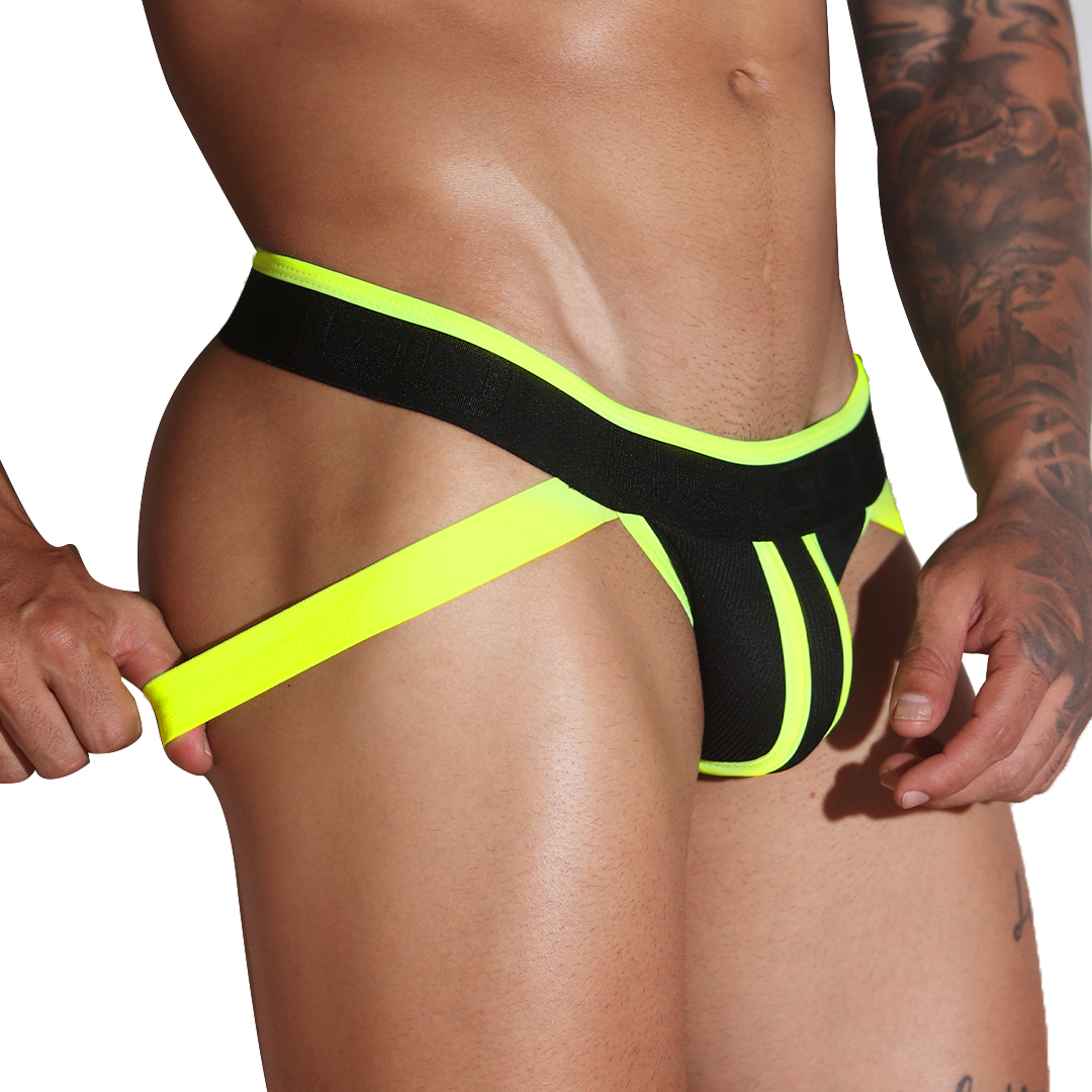 Side view of Gigo Flux neon yellow and black mesh jockstrap with elastic waistband and yellow trim detail.