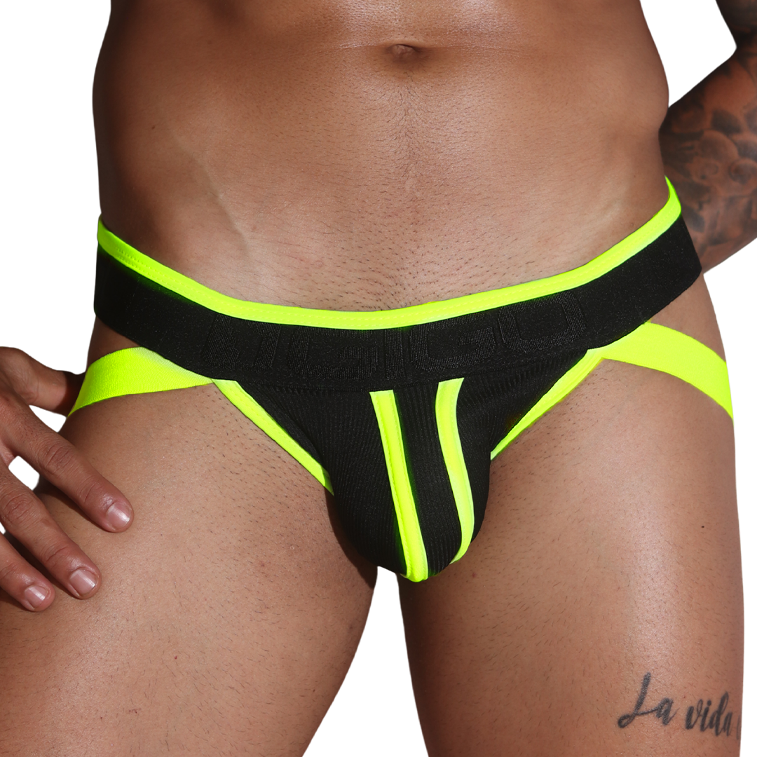 Front view of Gigo Flux Jockstrap in black and neon yellow ribbed fabric with branded waistband.