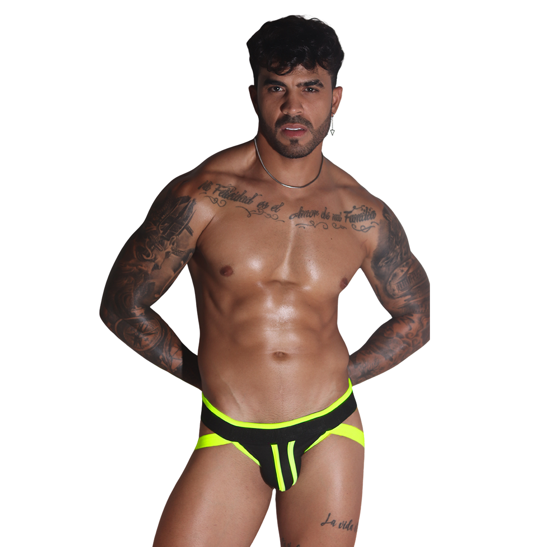 Front view of Gigo Flux jockstrap in black with bright yellow neon trim and sporty ribbed fabric detailing.
