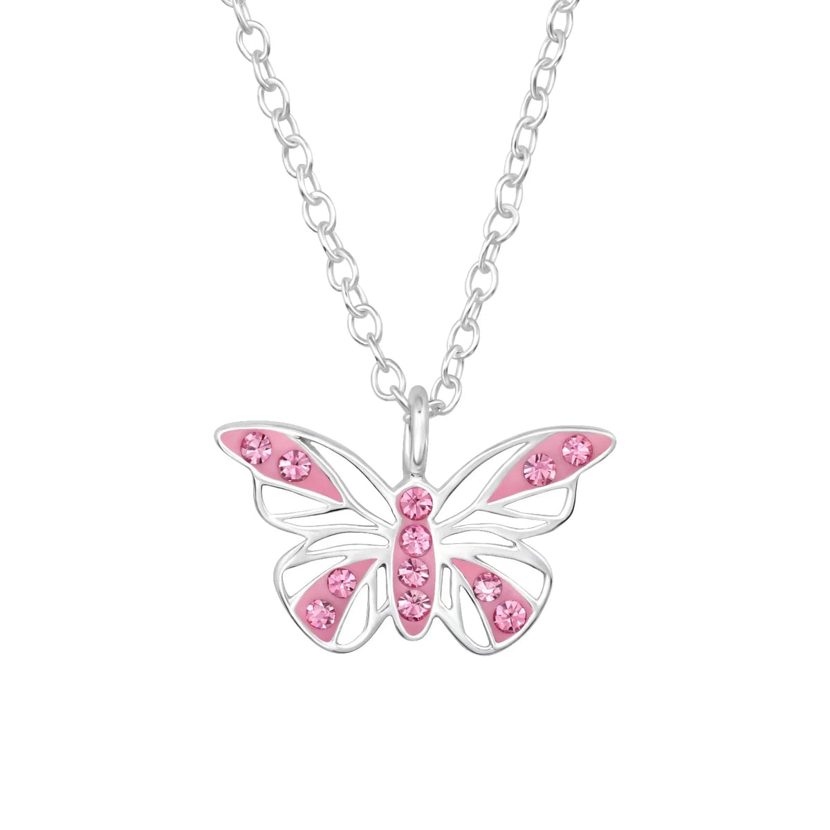 Pink Crystal Butterfly Necklace — 925 Sterling Silver, 45cm