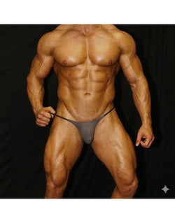 Grey mesh thong G-string by Arroyman featuring a minimal design and elastic waistband worn by a model.