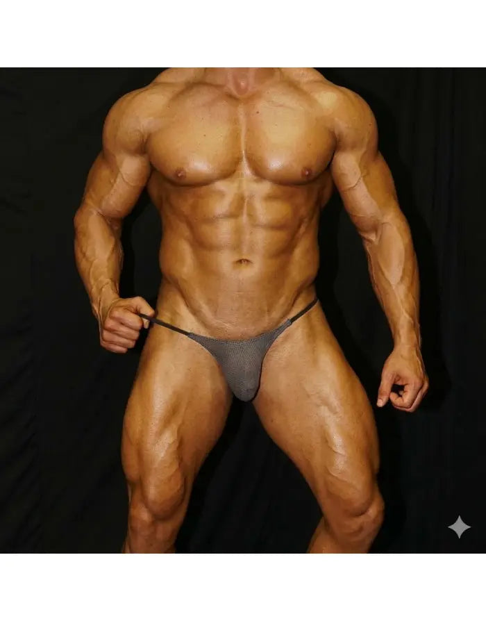 Grey mesh thong G-string by Arroyman featuring a minimal design and elastic waistband worn by a model.